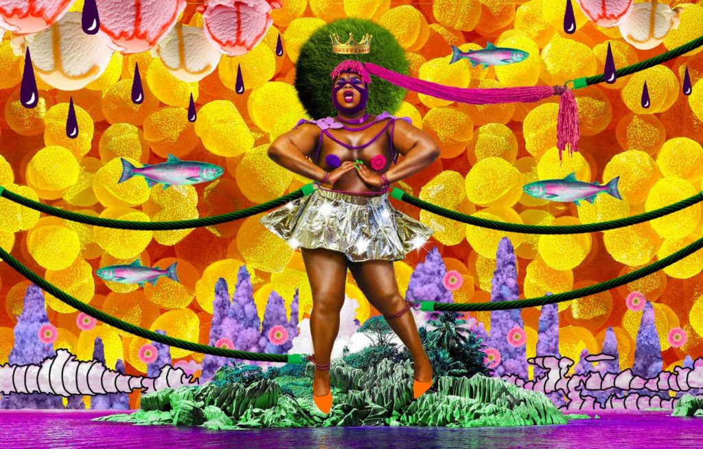 an epic ebony queen dominates a surreal landscape with her shrubbery afro, floating crown, and colorful garb