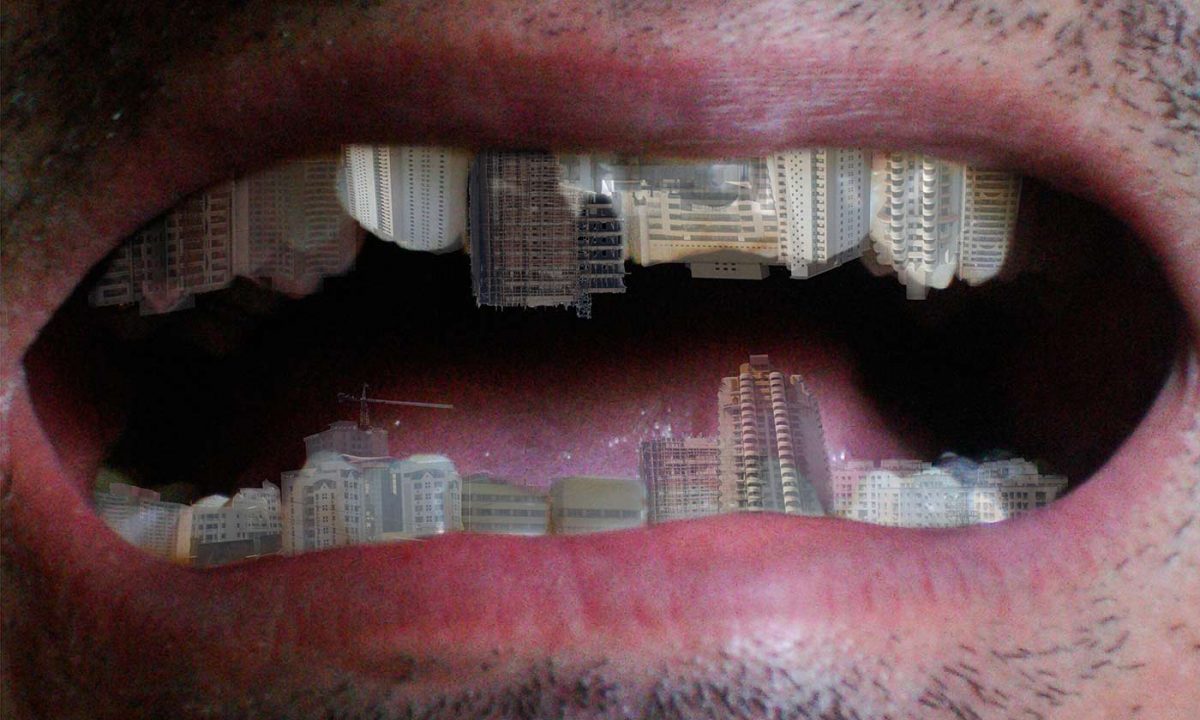 Cities overlaid onto close-up teeth of a grimacing mouth