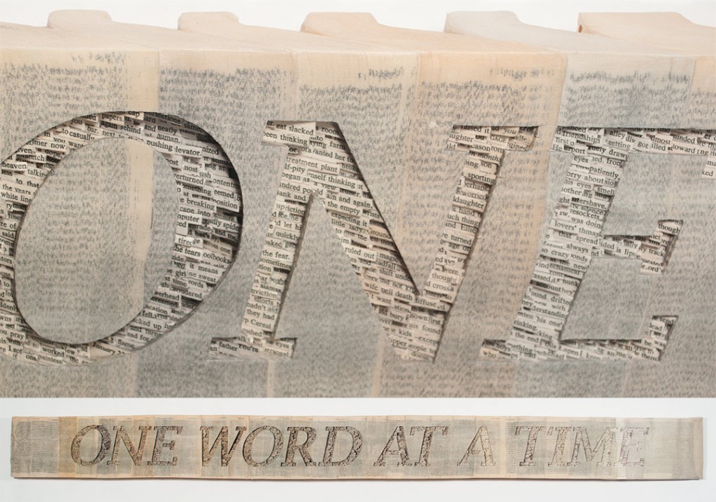 ONE WORD AT A TIME, 2012 Paperback books, acrylic varnish, adhesive, wooden base 6 7/8" × 76½" × 3½"