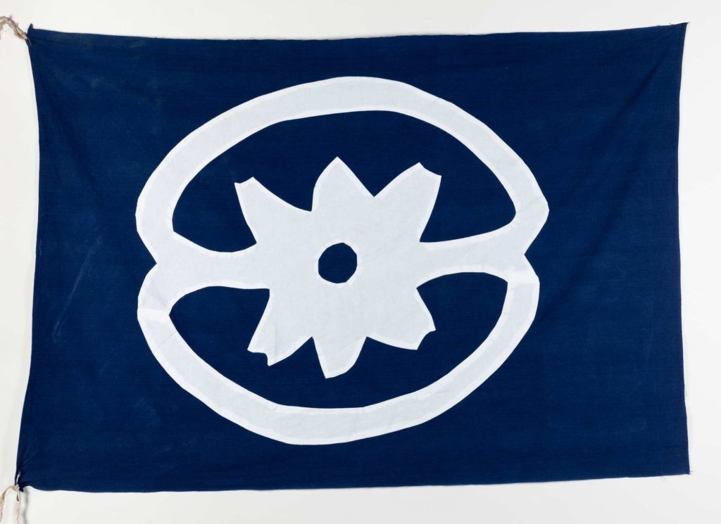 a blue flage with white design