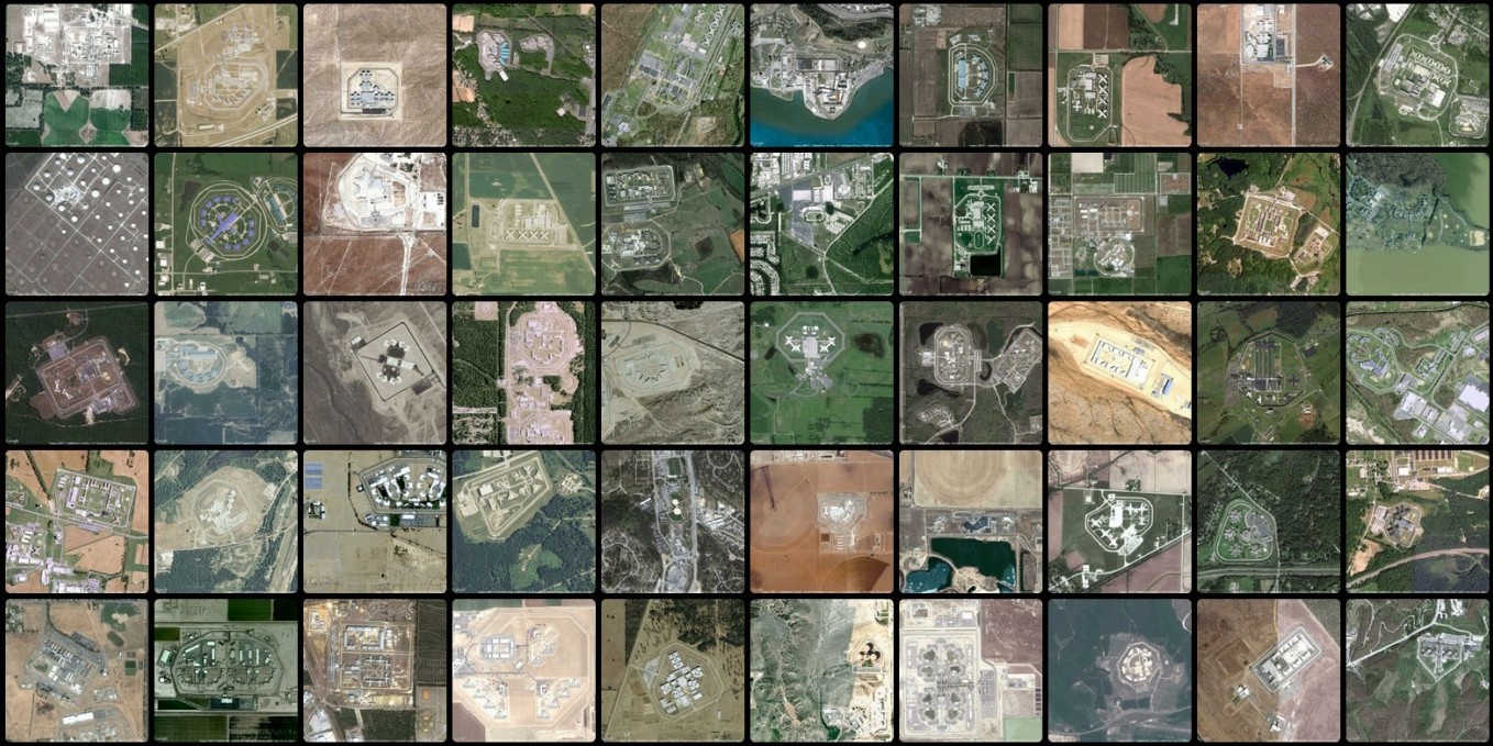 A mosaic of Google Map satellite images of prisons in America.
