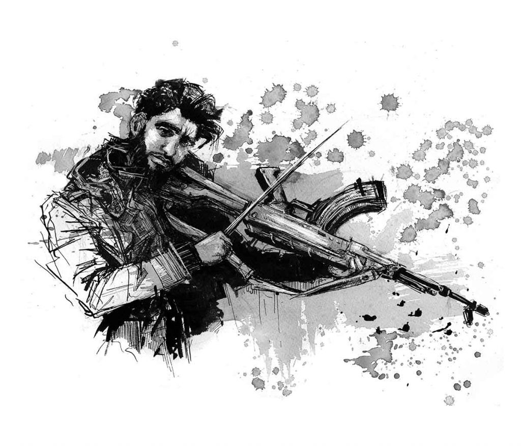 A man plays an AR-15 like a violin