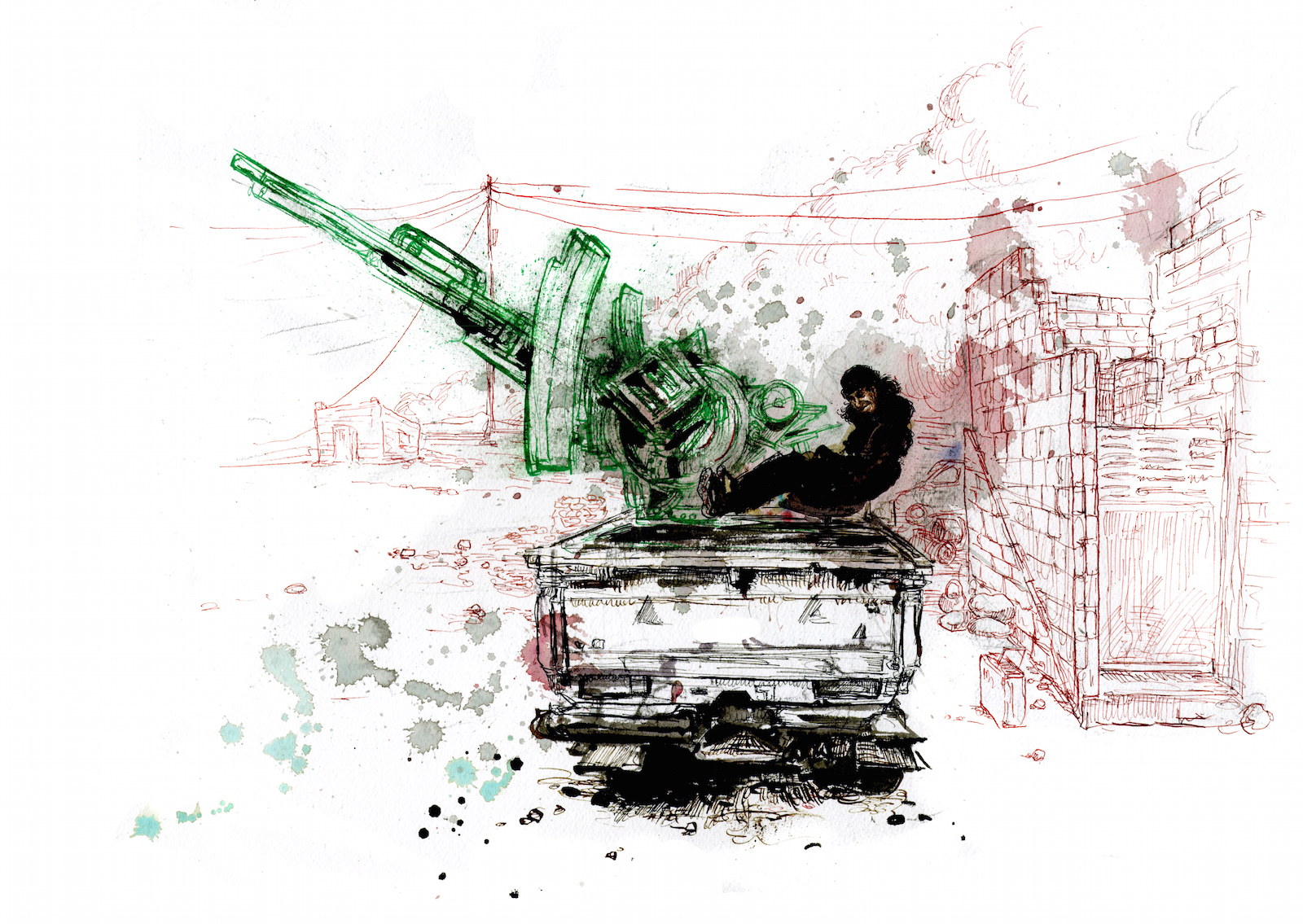 An ISIS fighter in repose in his Anti-Aircraft gun