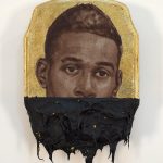 Portrait depicting the lower half of a man's face covered in black silencing him